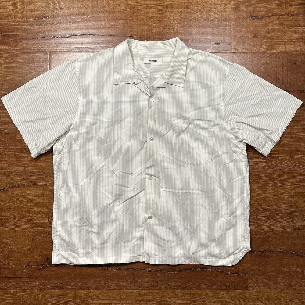 Buck Mason Button Up Shirt Mens 2XL Beige Stripe Short Sleeve Loop Camp Collar